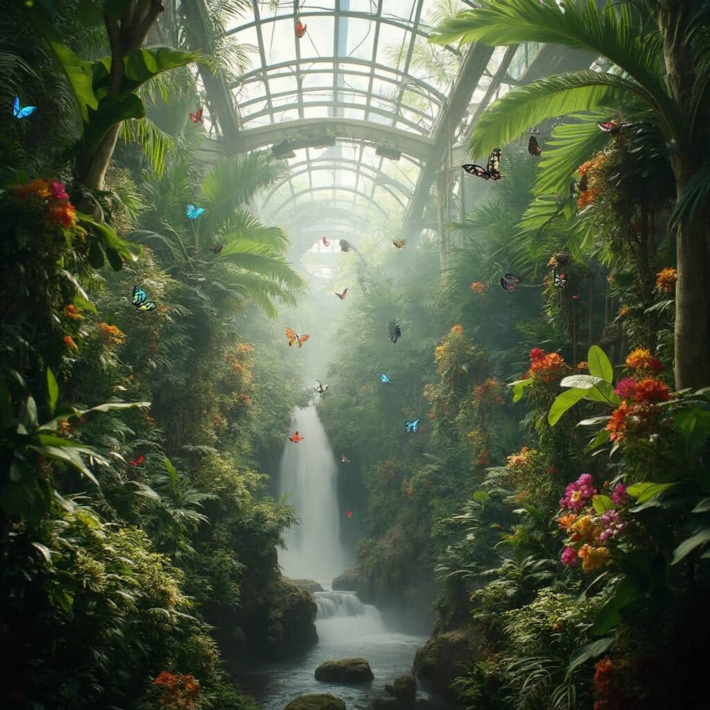Vibrant butterflies fluttering in the lush tropical ecosystem of the Butterfly Rainforest at the Florida Museum of Natural History, with waterfalls, exotic birds and flowering plants enhancing the morning ambiance.