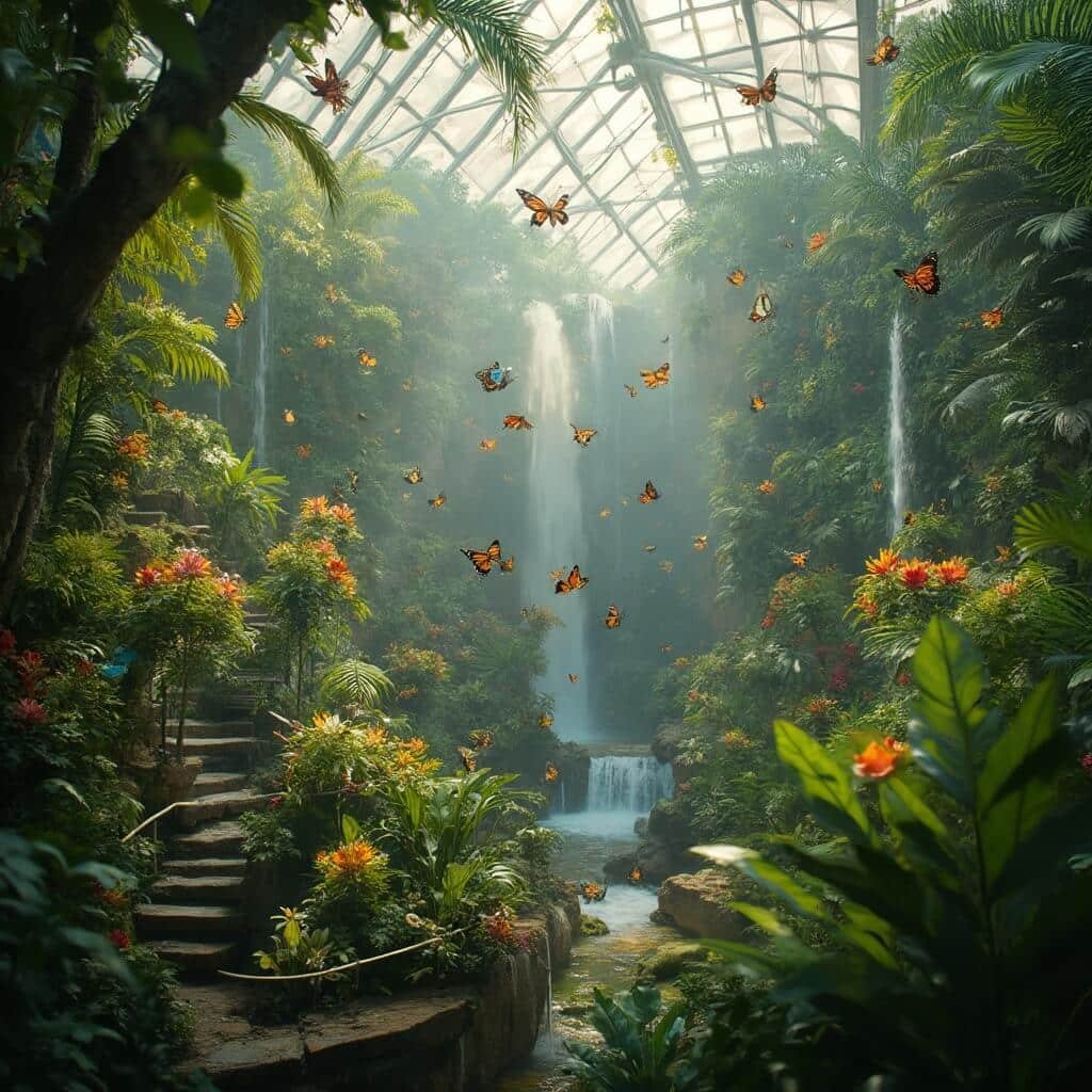 Butterfly Rainforest at Florida Museum of Natural History featuring Blue Morpho and Zebra Longwing butterflies alongside colorful tropical birds amidst lush greenery and cascading waterfalls.