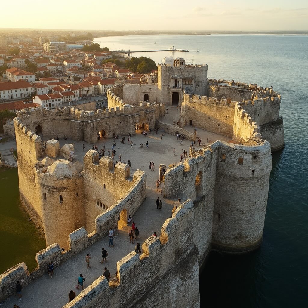 Tourists exploring the majestic Castillo de San Marcos fortress with ancient battlements and cannon positions, red-tiled roofs of the historic district and Matanzas Bay in the background at golden hour