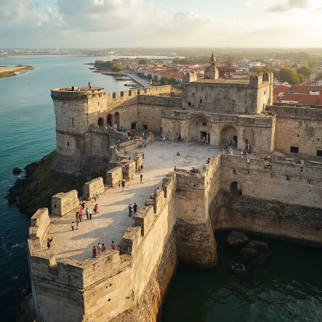 Tourists exploring the 350-year-old Castillo de San Marcos with its thick stone walls and cannon positions, with St. Augustine's historic district and the sparkling Matanzas Bay in the background during golden hour