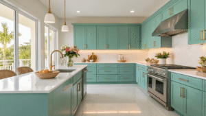 Florida Kitchen Design: How I Transformed My Space Into a Coastal Paradise Luxurious Florida coastal kitchen with seafoam green cabinets, quartz countertops, and stainless steel appliances, bathed in warm golden hour light.