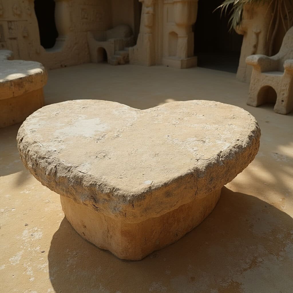 Heart-shaped limestone table at Coral Castle as a tribute to Edward Leedskalnin's lost love, Agnes, with background limestone structures