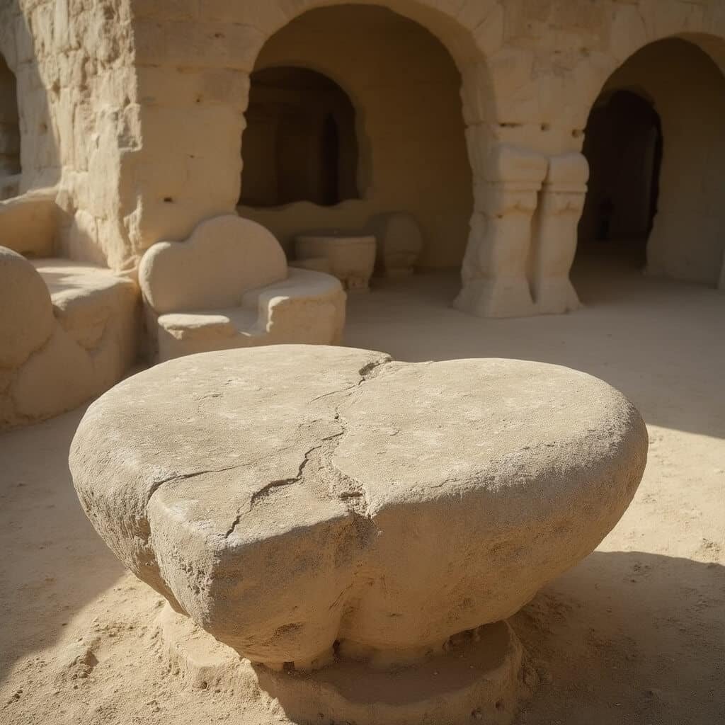 Heart-shaped limestone table at Coral Castle, a tribute to Edward Leedskalnin's lost love, Agnes, with weathered surface and background limestone structures.
