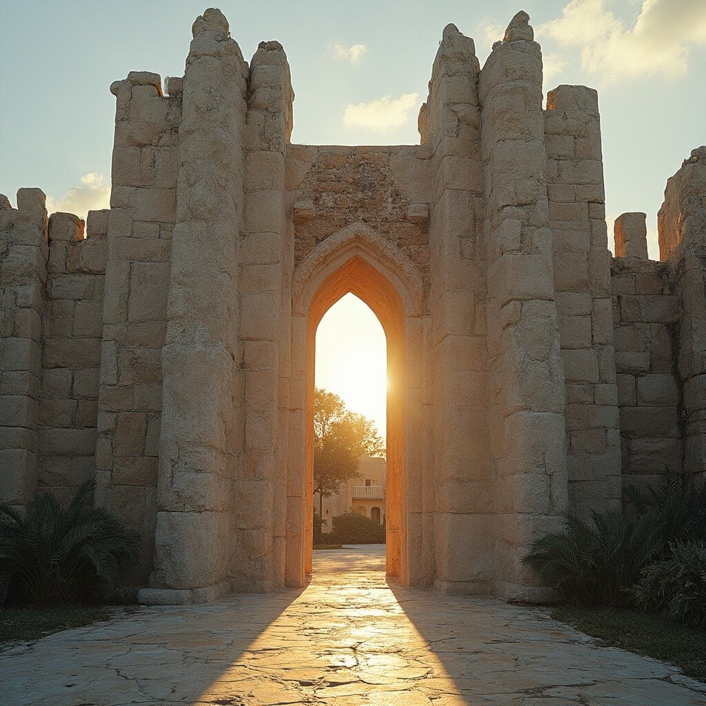 9-ton limestone gate of Coral Castle illuminated by golden hour lighting, showcasing the precision engineering and intricate dry-stacked masonry
