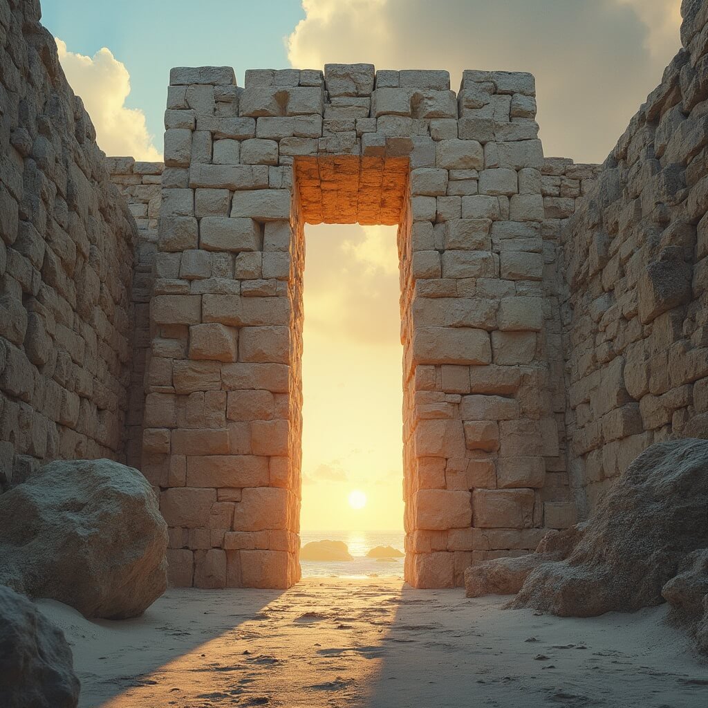 Coral Castle's 9-ton limestone gate at golden hour, demonstrating phenomenal engineering precision and detailed stonework