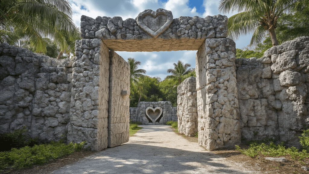 This 5-Foot Man Built America's Most Baffling Stone Castle Using 1,000 Tons of Rock (And Nobody Knows How) "Mysterious 9-ton limestone gate at Coral Castle, Homestead, Florida, intricately textured and balanced to open with a finger's touch, surrounded by 8-foot towering walls of single carved coral blocks, featuring heart-shaped stones in the backdrop under dramatic lighting."