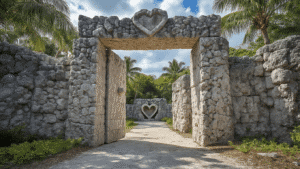 This 5-Foot Man Built America's Most Baffling Stone Castle Using 1,000 Tons of Rock (And Nobody Knows How) "Mysterious 9-ton limestone gate at Coral Castle, Homestead, Florida, intricately textured and balanced to open with a finger's touch, surrounded by 8-foot towering walls of single carved coral blocks, featuring heart-shaped stones in the backdrop under dramatic lighting."