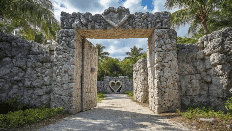 This 5-Foot Man Built America's Most Baffling Stone Castle Using 1,000 Tons of Rock (And Nobody Knows How) "Mysterious 9-ton limestone gate at Coral Castle, Homestead, Florida, intricately textured and balanced to open with a finger's touch, surrounded by 8-foot towering walls of single carved coral blocks, featuring heart-shaped stones in the backdrop under dramatic lighting."