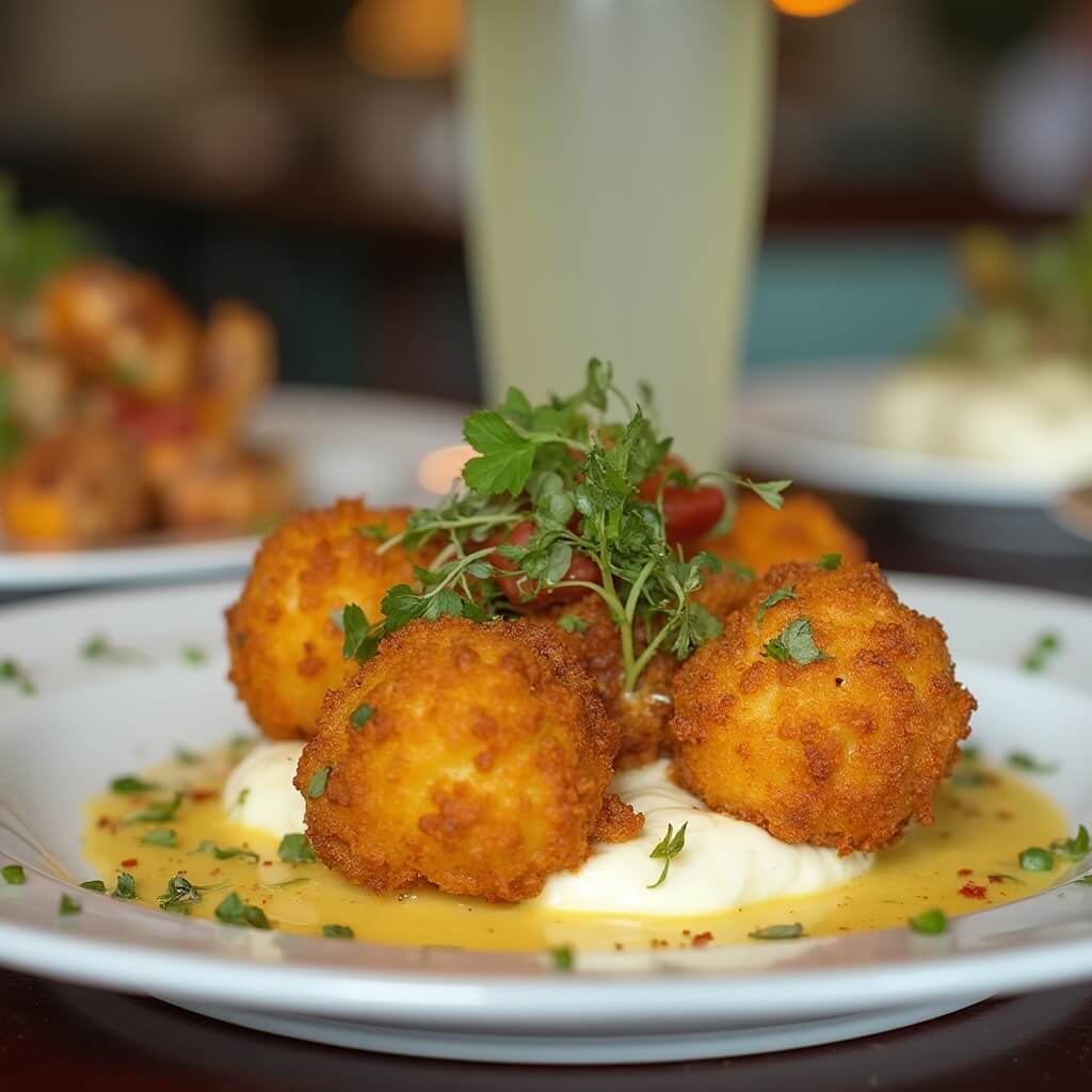 Curry-infused conch fritters plated elegantly at Victorian-style Key Largo Conch House restaurant, demonstrating fine dining atmosphere and sophisticated presentation.