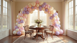 Easter Balloon Decorations That'll Make Your Home Look Egg-ceptional (Without the Fuss) Elegant dining room adorned with a massive pastel balloon arch in soft pinks, lavenders, and mint greens, illuminated by warm golden hour light, featuring a mahogany table set with white linens, crystal glasses, and fresh spring flowers, all captured with a dreamy bokeh effect.