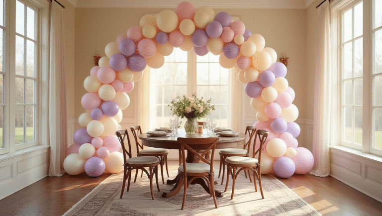 Elegant dining room adorned with a massive pastel balloon arch in soft pinks, lavenders, and mint greens, illuminated by warm golden hour light, featuring a mahogany table set with white linens, crystal glasses, and fresh spring flowers, all captured with a dreamy bokeh effect.