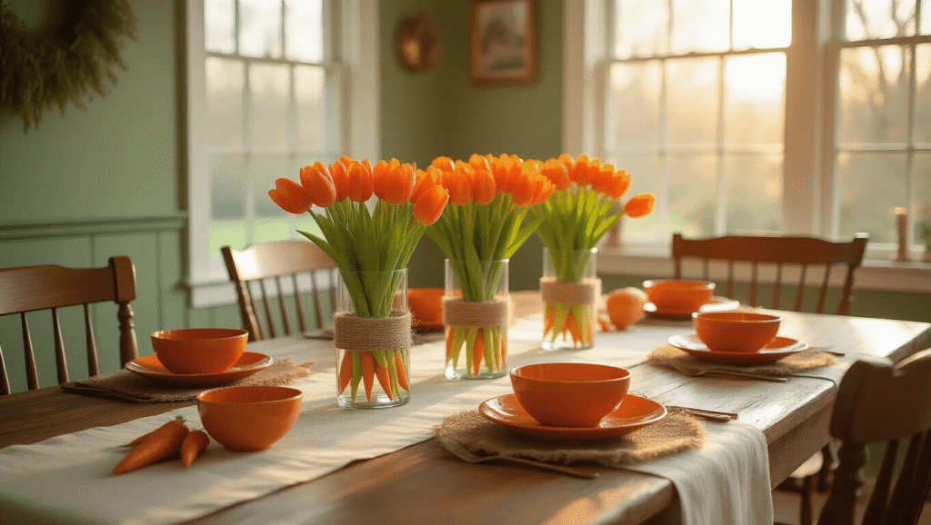 Popular DIY Easter Decor Ideas That'll Make Your Home Instagram-Worthy (Without Breaking the Bank) Elegant dining room during golden hour, featuring a long farmhouse table decorated with vibrant orange tulips in glass vases filled with baby carrots, rustic faux carrots on sage green walls, white linen runners, weathered Windsor chairs, and scattered orange ceramic bowls, all styled for a warm and inviting spring atmosphere.
