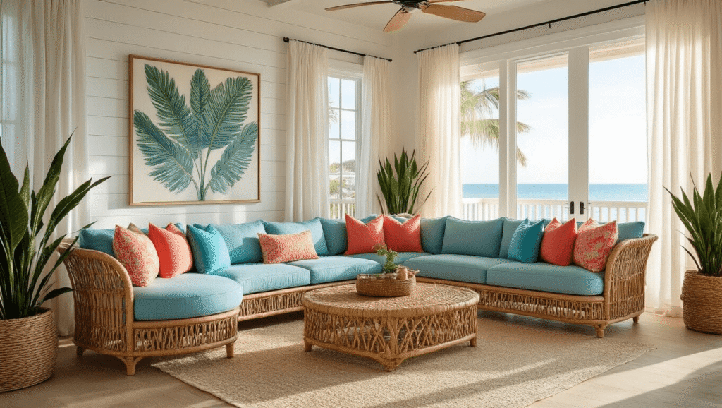 Florida House Decor: Your Guide to Creating That Effortless Coastal-Tropical Vibe Cinematic wide-angle shot of a Florida coastal living room featuring a sea salt blue sectional sofa, rattan furniture, and tropical accents on light oak floors, illuminated by golden hour sunlight.