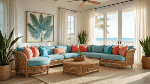 Florida House Decor: Your Guide to Creating That Effortless Coastal-Tropical Vibe Cinematic wide-angle shot of a Florida coastal living room featuring a sea salt blue sectional sofa, rattan furniture, and tropical accents on light oak floors, illuminated by golden hour sunlight.