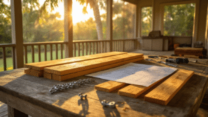 How to Build the Perfect Florida Porch That Actually Survives Hurricane Season Cinematic close-up of hurricane-rated porch construction materials on a weathered teak table, featuring pressure-treated lumber, stainless steel tie-downs, composite decking samples, and engineering blueprints, bathed in warm Florida golden hour light with dappled shadows from palm fronds.