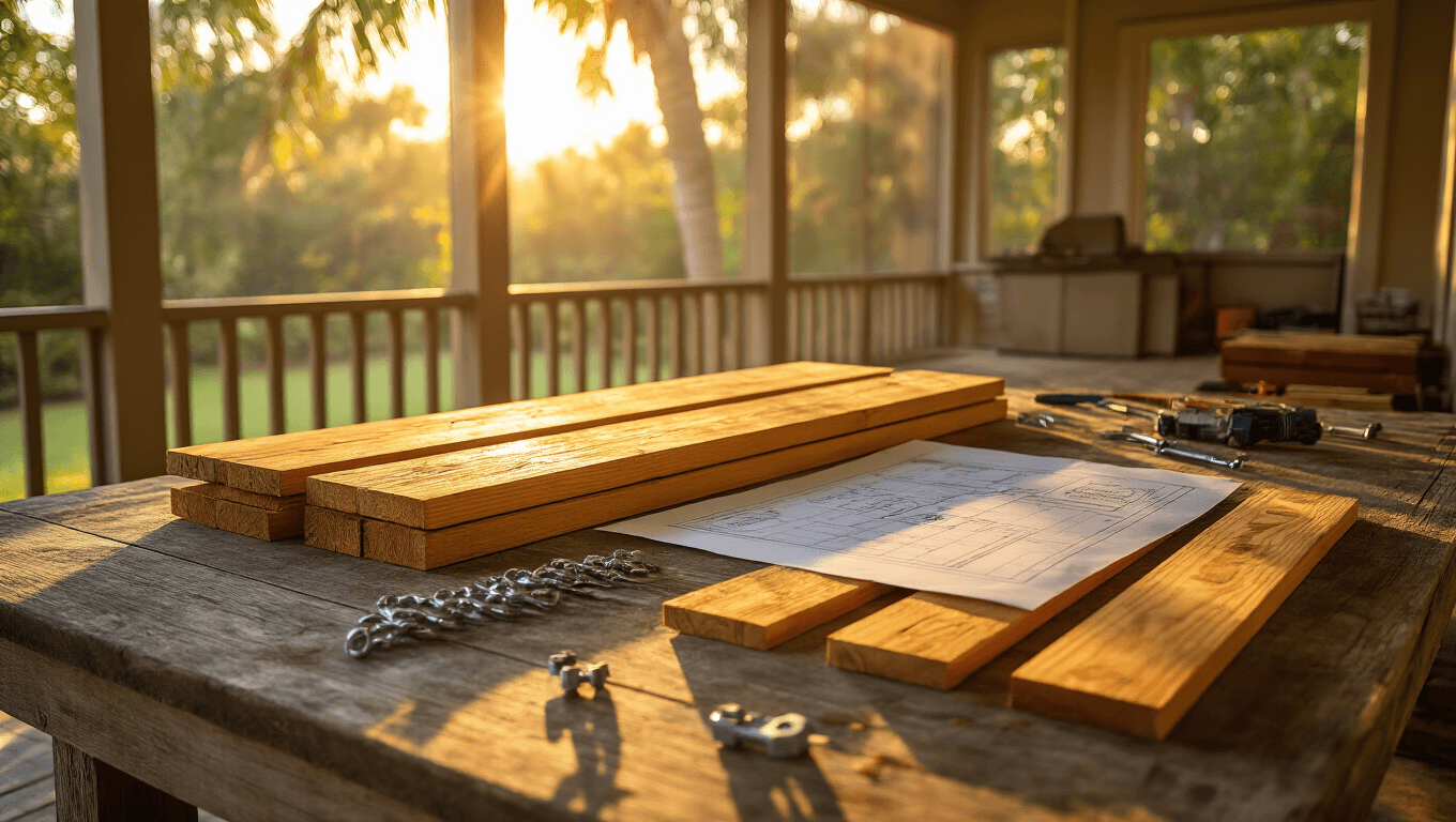 Cinematic close-up of hurricane-rated porch construction materials on a weathered teak table, featuring pressure-treated lumber, stainless steel tie-downs, composite decking samples, and engineering blueprints, bathed in warm Florida golden hour light with dappled shadows from palm fronds.