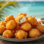 The Secret to Finding Key Largo's Most Addictive Conch Fritters (That Locals Don't Want You to Know) "Plate of steaming golden-brown conch fritters on a rustic table, with turquoise Florida Keys waters, palm fronds, and vintage architecture in the background, amidst warm Caribbean lighting and curry spices."
