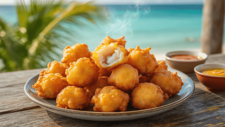 The Secret to Finding Key Largo's Most Addictive Conch Fritters (That Locals Don't Want You to Know) "Plate of steaming golden-brown conch fritters on a rustic table, with turquoise Florida Keys waters, palm fronds, and vintage architecture in the background, amidst warm Caribbean lighting and curry spices."