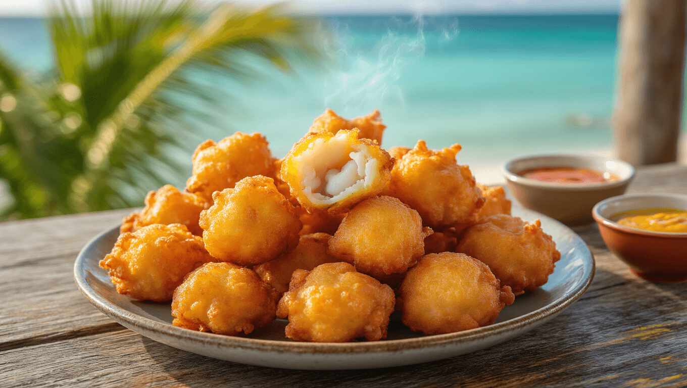 "Plate of steaming golden-brown conch fritters on a rustic table, with turquoise Florida Keys waters, palm fronds, and vintage architecture in the background, amidst warm Caribbean lighting and curry spices."