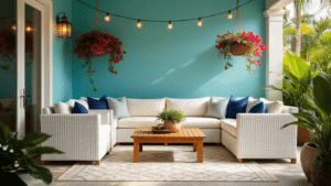 Florida Lanai Furniture Ideas: Transform Your Screened Paradise Without Breaking the Bank Cinematic view of a sunlit Florida lanai showcasing a white resin wicker sectional with cream cushions, a teak coffee table, turquoise accent wall, vibrant bougainvillea, and warm string lights, creating an inviting atmosphere with tropical plants and contemporary coastal details.
