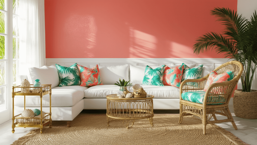 Florida Decor: How I Brought Sunshine, Palm Trees, and Coastal Vibes Into My Home A bright and vibrant Florida-inspired living room with a coral accent wall, white sectional sofa, tropical patterned throw pillows, vintage rattan peacock chair, and a brass bar cart, all illuminated by golden hour sunlight.
