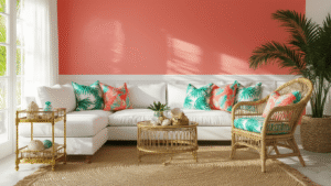 A bright and vibrant Florida-inspired living room with a coral accent wall, white sectional sofa, tropical patterned throw pillows, vintage rattan peacock chair, and a brass bar cart, all illuminated by golden hour sunlight.