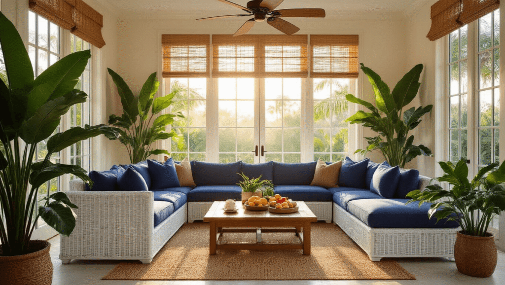 Florida Room Design Ideas That'll Make Your Home Feel Like a Permanent Vacation A luxurious Florida room with a white wicker sectional and navy blue cushions, bathed in golden hour sunlight, featuring tropical plants, a teak coffee table with coffee and fruits, and polished tile floors.