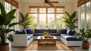 Florida Room Design Ideas That'll Make Your Home Feel Like a Permanent Vacation A luxurious Florida room with a white wicker sectional and navy blue cushions, bathed in golden hour sunlight, featuring tropical plants, a teak coffee table with coffee and fruits, and polished tile floors.