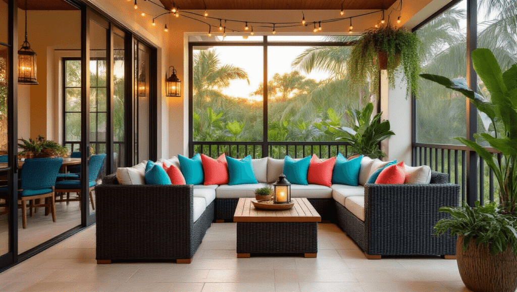 How to Decorate a Screened Lanai in Florida: My Tried-and-True Guide Cinematic wide-angle view of a luxurious Florida screened lanai at golden hour, showcasing a charcoal resin wicker sectional with coral and turquoise pillows, cream tile flooring, and warm string lights, with lush palm fronds and a teak accent table.