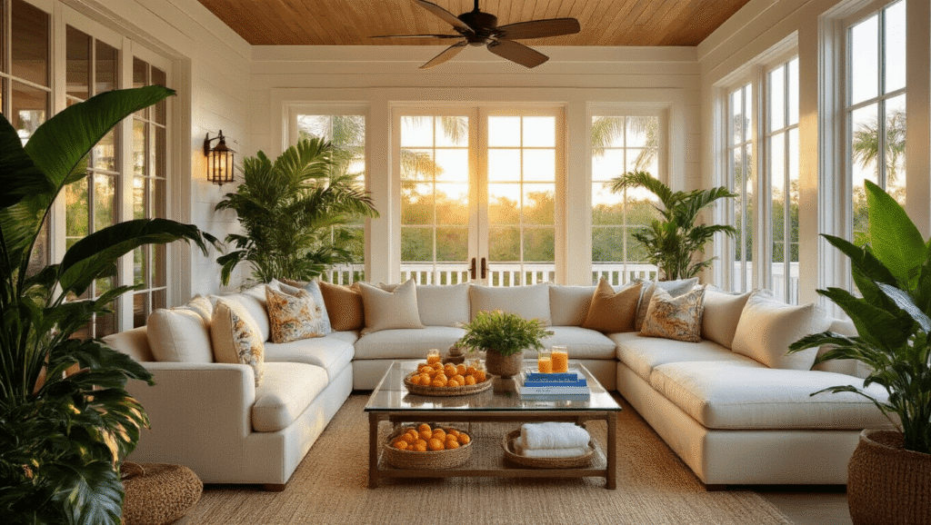 Living in Florida: What You Need to Know About Year-Round Sunshine and Sweaty Summers A luxurious Florida sunroom bathed in golden hour light, featuring a cream sectional sofa with tropical pillows, glass coffee table with hurricane preparedness materials, lush potted plants, and rich wood accents, all creating an inviting coastal atmosphere.