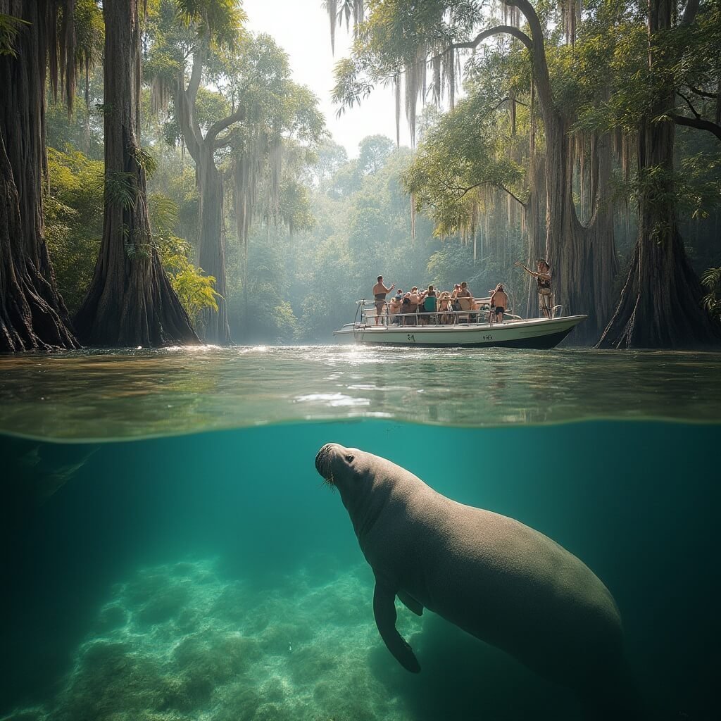 West Indian manatee surfacing calmly in the clear springs of St. Johns River near Blue Spring State Park, observed by passengers on an eco-tour vessel, while morning light accentuates the untouched Florida wilderness.