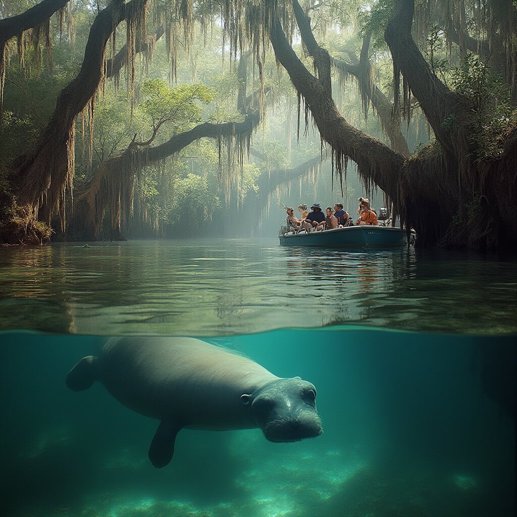 West Indian manatee surfacing in the clear waters of St. Johns River near Blue Spring State Park, observed by a small group on an eco-tour vessel under the guidance of a naturalist, with ancient cypress trees framing the scene.