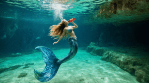 "Professional mermaid with sequined tail performing an underwater dance 16 feet below Weeki Wachee Springs' crystal-clear surface, drinking Coca-Cola amidst a backdrop of limestone formations and a freshwater cave system, as viewed from the underwater theater."