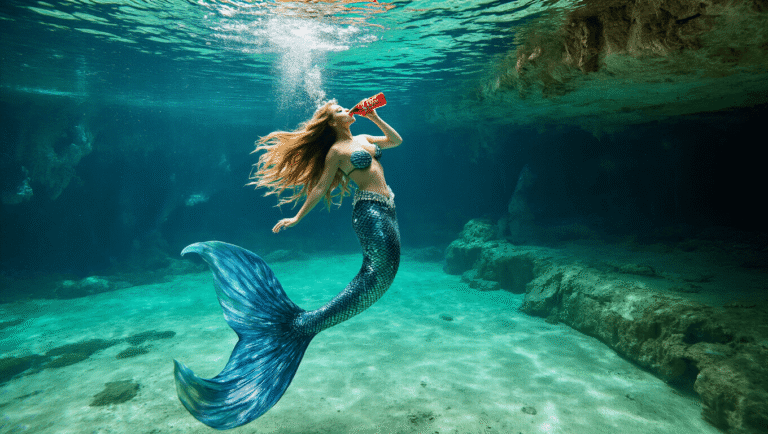 "Professional mermaid with sequined tail performing an underwater dance 16 feet below Weeki Wachee Springs' crystal-clear surface, drinking Coca-Cola amidst a backdrop of limestone formations and a freshwater cave system, as viewed from the underwater theater."