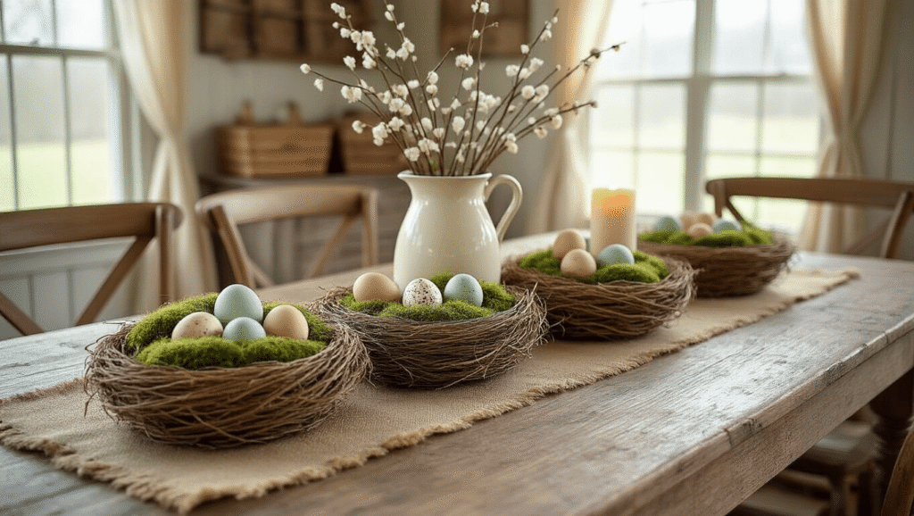 Primitive Easter Decor: Creating a Rustic, Handcrafted Holiday Haven Photorealistic farmhouse dining room at golden hour featuring a weathered wood table, moss-covered nests with speckled eggs, burlap accents, and soft candlelight, creating a warm and inviting primitive Easter atmosphere.