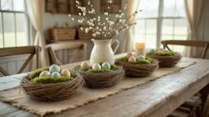 Primitive Easter Decor: Creating a Rustic, Handcrafted Holiday Haven Photorealistic farmhouse dining room at golden hour featuring a weathered wood table, moss-covered nests with speckled eggs, burlap accents, and soft candlelight, creating a warm and inviting primitive Easter atmosphere.