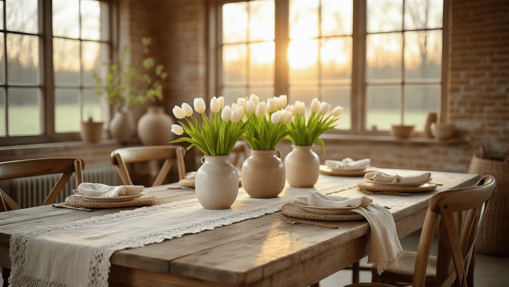 Rustic Spring Decor: How I Transform My Home Without Breaking the Bank Photorealistic wide-angle view of a rustic farmhouse dining room during golden hour, featuring a weathered wood table with an ivory lace runner, mismatched pots of white tulips and eucalyptus, vintage chairs, and warm amber lighting through exposed brick walls, creating a cozy atmosphere with a soft sage green and cream color palette.