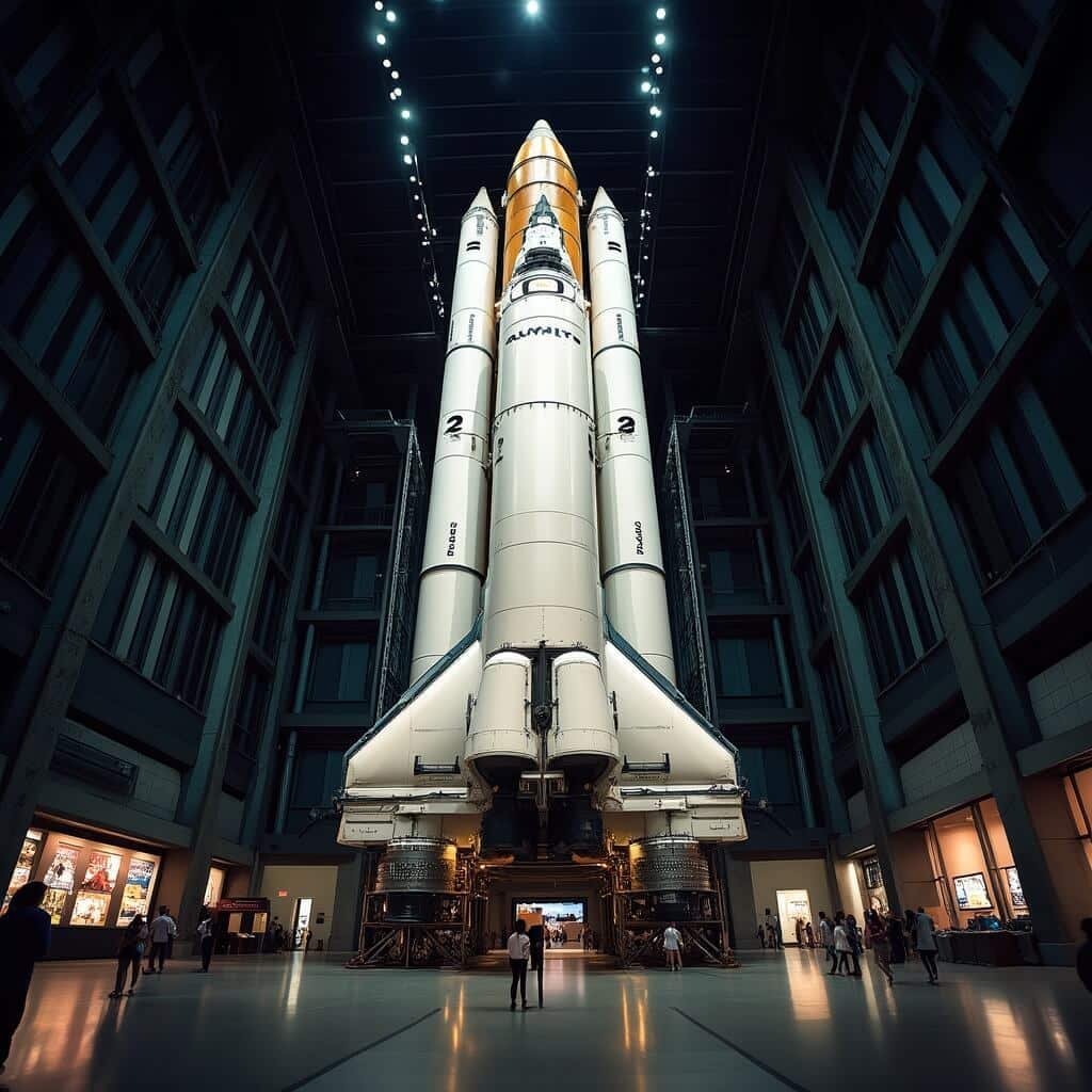 Visitors walking under the fully-assembled and illuminated Saturn V rocket display at Apollo Saturn V Center, highlighting its massive size and intricate engine details.