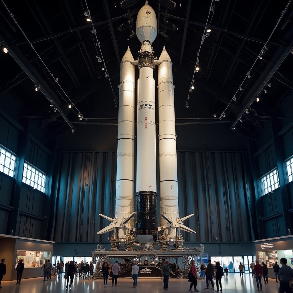 Visitors examining the massive Saturn V rocket suspended in Apollo Saturn V Center, with focus on engine detail and scale comparison