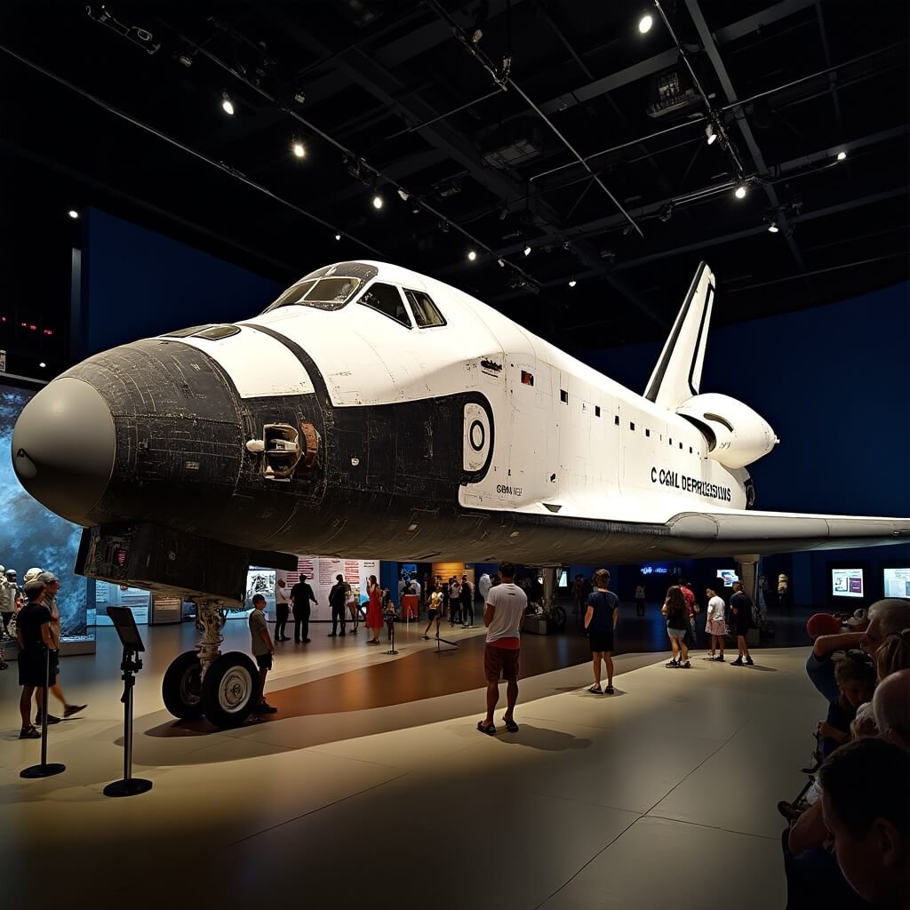 Space Shuttle Atlantis displayed at Kennedy Space Center, suspended with open cargo bay and robotic arm, surrounded by visitors and exhibits, under dramatic uplighting in a modern exhibition hall.