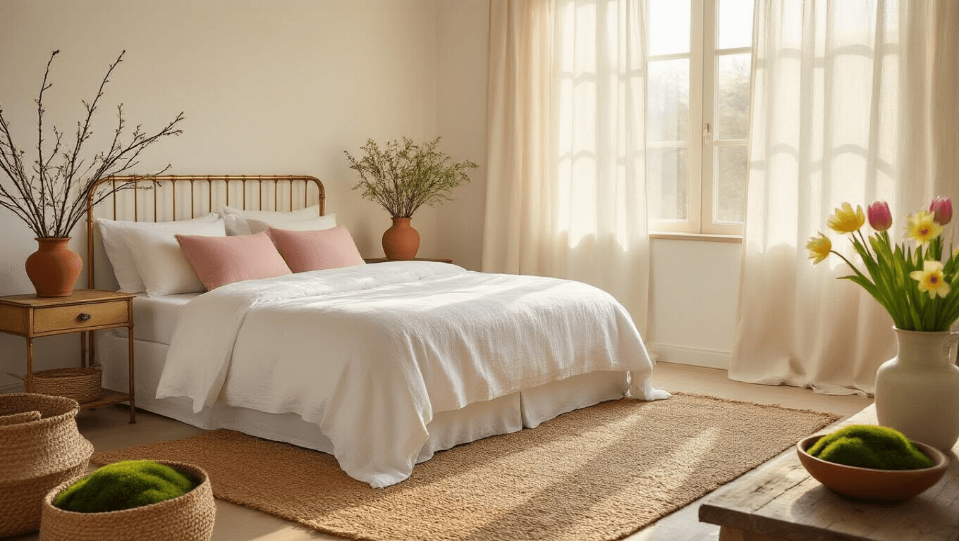 Bright and airy bedroom with a queen bed adorned in a white coverlet and blush pink pillows, featuring vintage brass nightstand and terracotta pot of herbs, all bathed in golden hour sunlight.