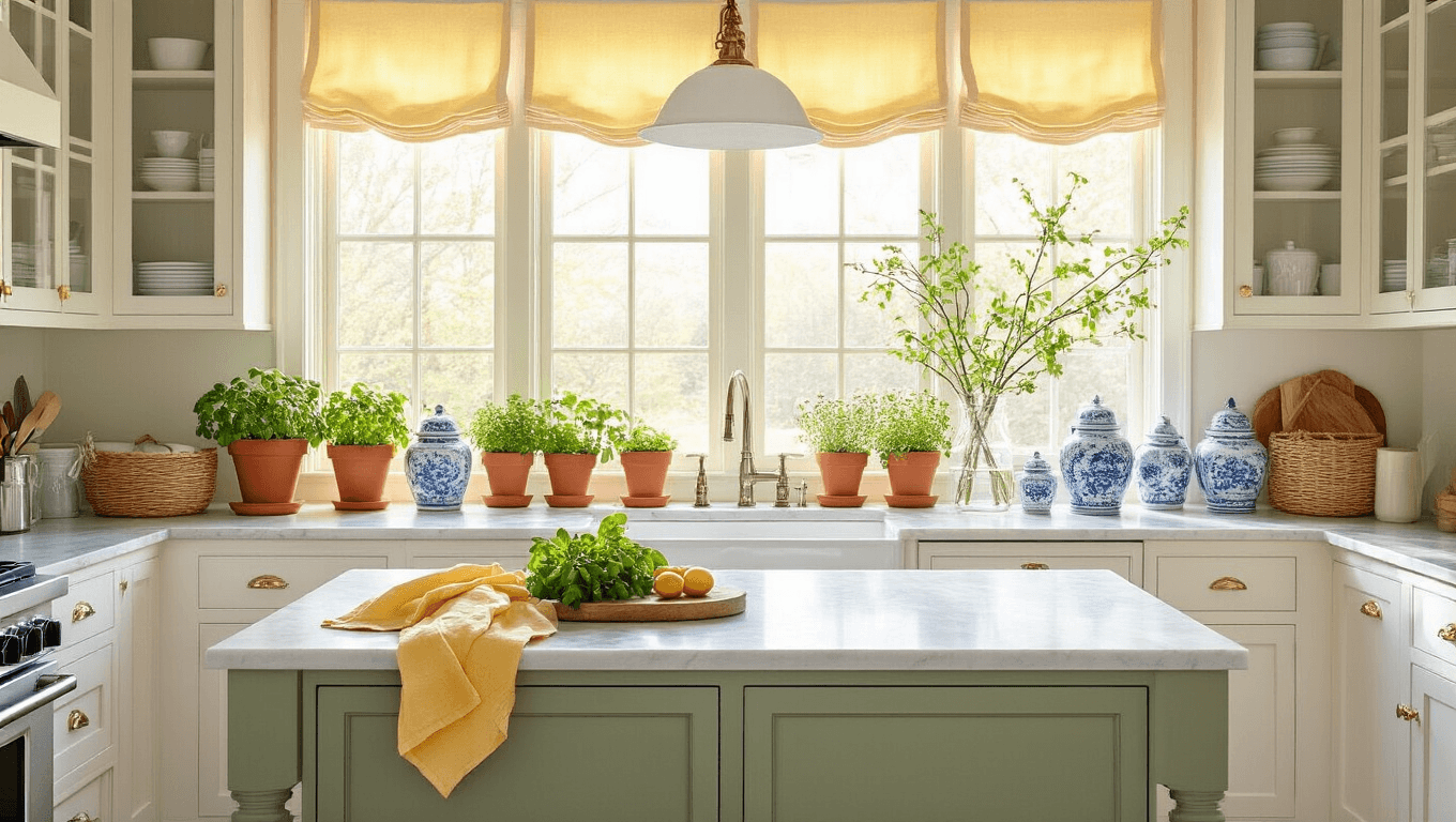 A bright spring kitchen featuring a sage green island, white shaker cabinets, and marble countertops, illuminated by golden hour light. Terra cotta herb pots line the windowsill, while chinoiserie jars and faux tangerine branches add accents. Natural textures like woven baskets and wooden breadboards complement warm brass hardware.