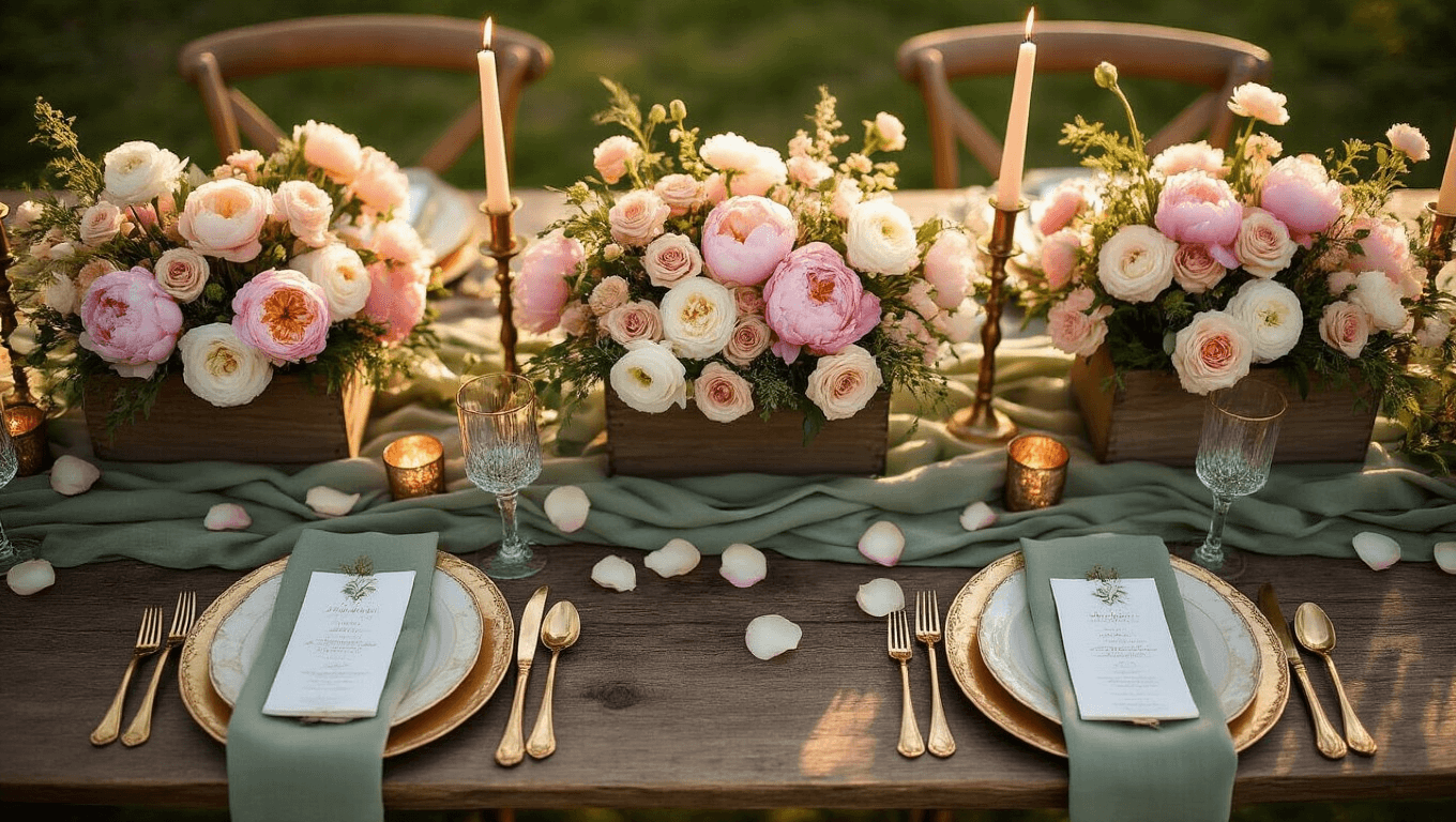Cinematic overhead view of a spring wedding tablescape with blush peonies, cream ranunculus, and garden roses in wooden boxes, surrounded by brass candlesticks and sage green linen, illuminated by warm golden hour light.