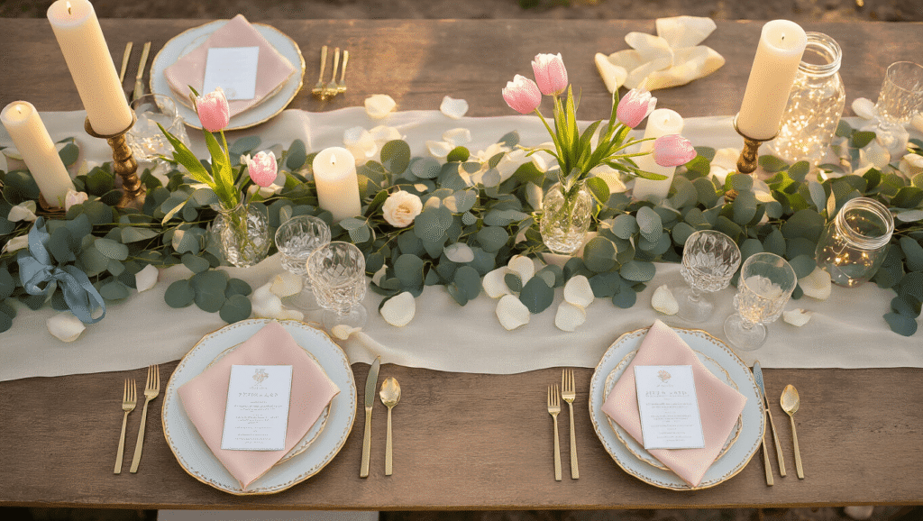 Spring Wedding Decor That'll Make Your Guests Forget They Wore Uncomfortable Shoes Cinematic overhead view of an elegant spring wedding tablescape featuring eucalyptus garlands, pink tulips, blush silk napkins, gold-rimmed plates, and glowing candles, all bathed in warm golden hour light.
