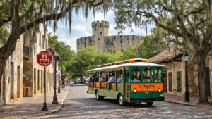 "Old Town Trolley in bright green and orange rolling down cobblestone streets in St. Augustine, Florida with Spanish colonial buildings, Castillo de San Marcos in the background, tourists on board, and a trolley stop sign showing '22 stops' in the foreground"