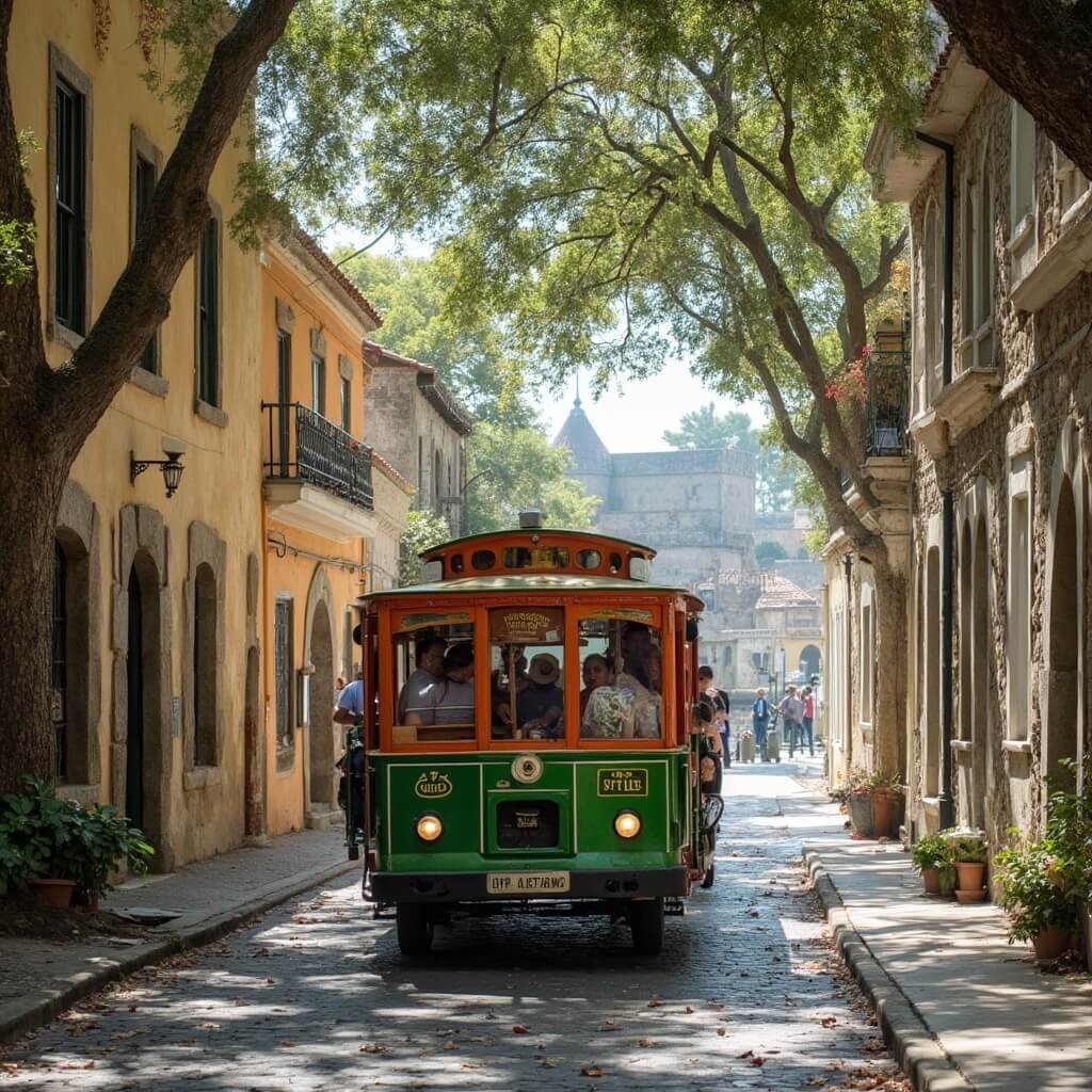 Old Town Trolley filled with tourists navigating through the cobblestone streets of St. Augustine's historic district, with Spanish colonial buildings and Castillo de San Marcos in the background