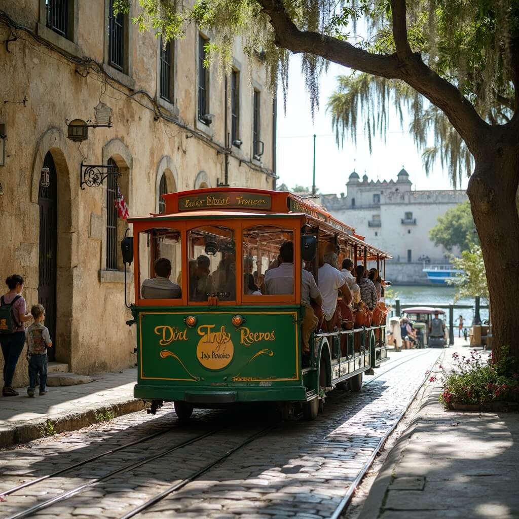 Tourists exploring St. Augustine's historic district on a vibrant Old Town Trolley, passing by ancient Spanish colonial buildings and Castillo de San Marcos fortress, under a canopy of moss-draped oak trees.