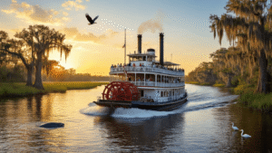 "Sternwheeler paddle boat cruising on the St. Johns River at sunset, surrounded by Florida wetlands and wildlife, with passengers dining on deck."