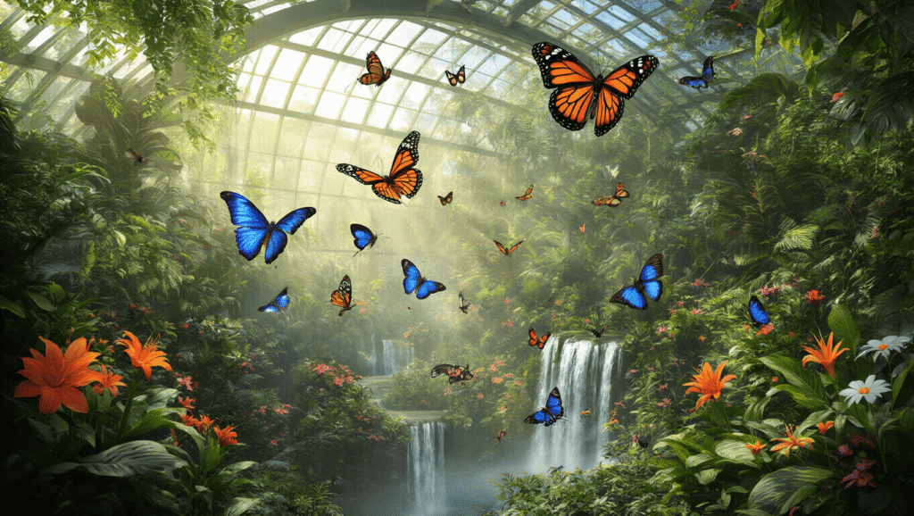 Why the Butterfly Rainforest in Gainesville is Worth the Wait (And How to Nail Your Visit When It Reopens) "Butterflies of various species including Blue Morphos and Zebra Longwings fluttering through a lush, tropical rainforest conservatory with waterfalls, flowers, and natural lighting."