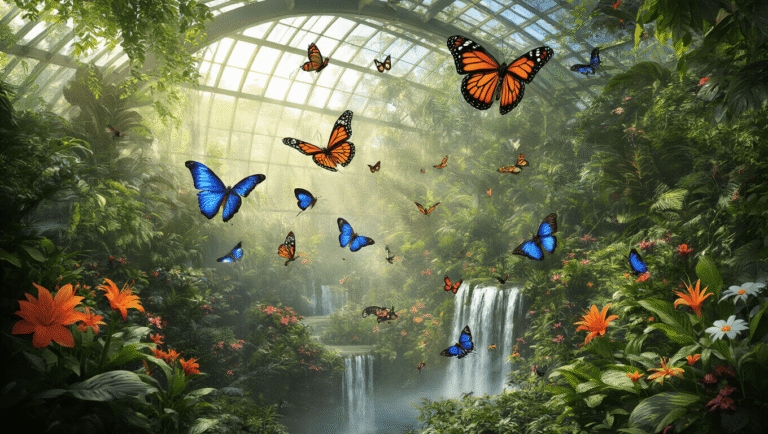 Why the Butterfly Rainforest in Gainesville is Worth the Wait (And How to Nail Your Visit When It Reopens) "Butterflies of various species including Blue Morphos and Zebra Longwings fluttering through a lush, tropical rainforest conservatory with waterfalls, flowers, and natural lighting."